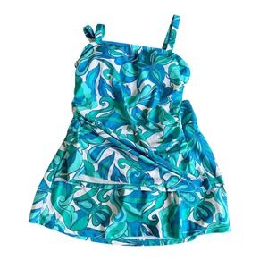 Swim Dress Cover Up Medium Blue Green Floral 80s Mod‎ Style Cute